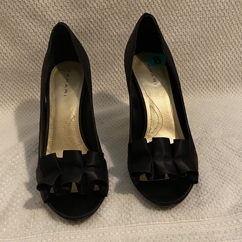 Tahari Black Ruffle Peep Toe Heels